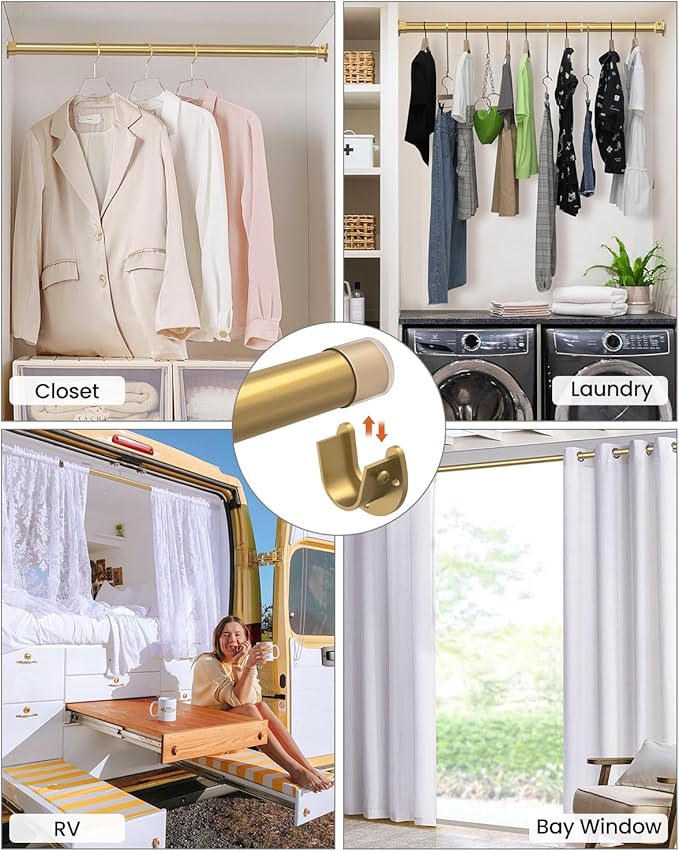 Closet Rods for Hanging Clothes, 17 to 84 Inches Stepless Adjustable Metal Closet Rod, 1.3 Inches Heavy Duty Clothes Hanging Rod for Closet Wardrobes Laundry RV, Golden