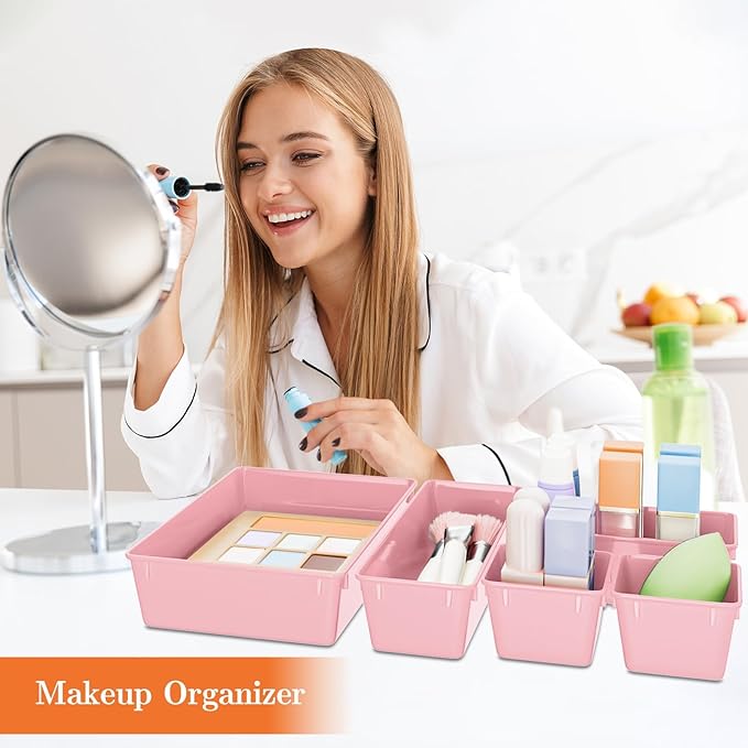 25 PCS Plastic Drawer Organizer Set, 4-Size Versatile Organizer Trays & storage Bins for Makeup, Jewelry, and Gadgets in Bathroom, Bedroom and Office, Pink