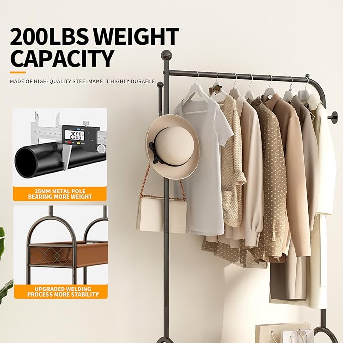Heavy Duty Double-Layer Garment Rack with Lockable Casters, 200LBS Capacity Carbon Steel Free-Standing Clothes Rack for Bedroom, Entryway, Living Room, Laundry Room