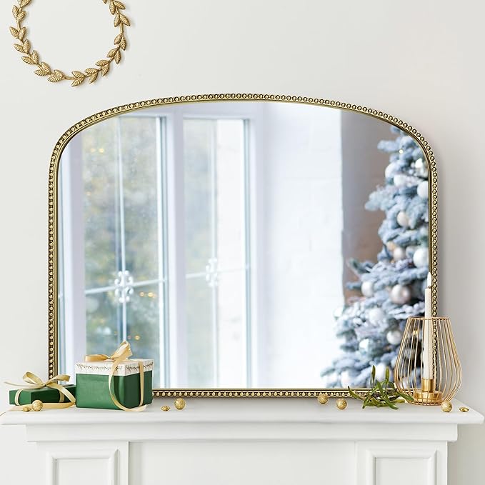 36"X28" Arched Mirror,Metal Beaded Frame Mirror for Wall,Ornate High-Definition Mirrors,Fit for Fireplace, Living Room,Hallway,Bathroom,Antique Gold