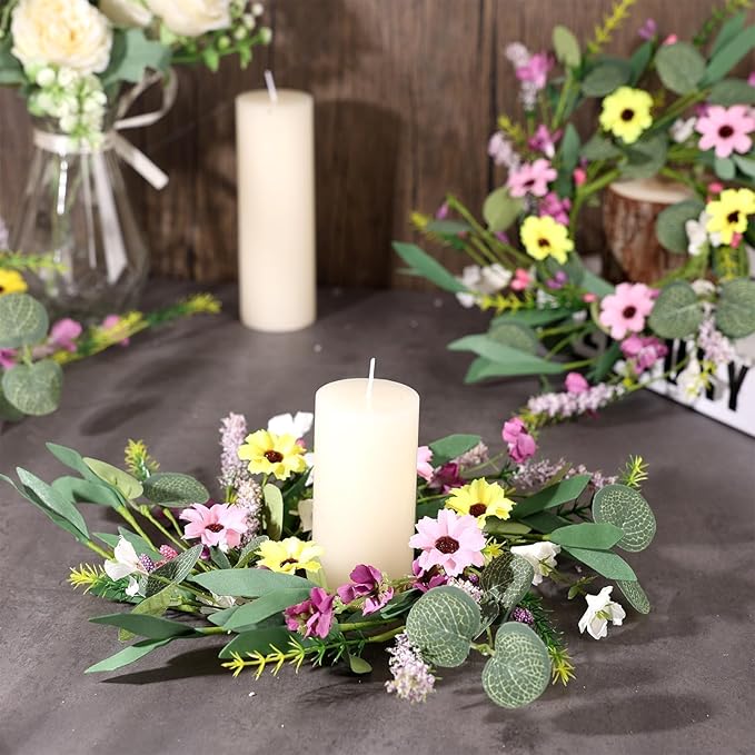 8 Pcs 9" Mini Spring Summer Flowered Wreath Floral Wedding Candle Rings Wreaths Kitchen Cabinet Wreaths with Ribbon for Pillars Wedding Table Centerpiece Farmhouse Party Home Door All Seasons Decor