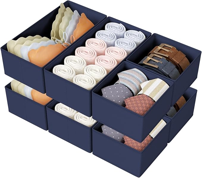 DIMJ Drawer Organizers Clothes, Set of 8 Dresser Organizer Bins, Fabric Closet Organizers and Storage, Shallow Drawer Dividers for Nursery, Clothing, Baby Clothes, Socks, Underwears, Tie (Navy Blue)