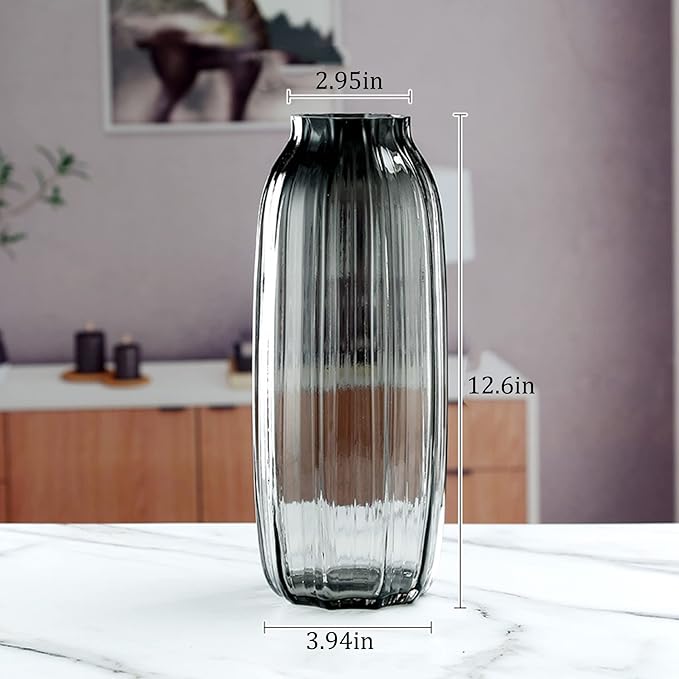 Black Grey Glass Vase for Flowers,Darl Grey Bud Tall Glass Vases,H-12.6" Simple Striped Design for Home Floor Decor,Farmhouse Decor, Centerpiece Coffee Table Decorations