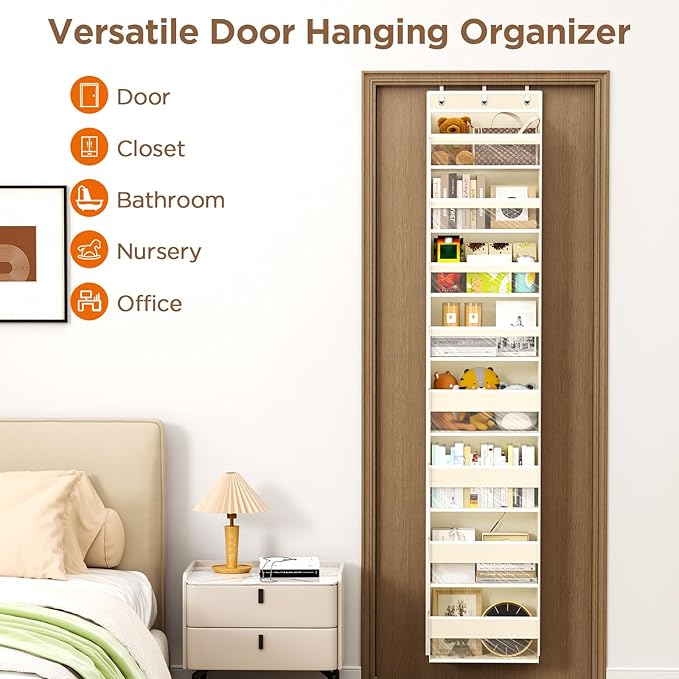 Over The Door Organizer, 8 Shelf Door Hanging Organizers with 8 Large Capacity Pockets, Back of Door Organizer Storage Hanging Shelves for Closet Bathroom Bedroom Nursery