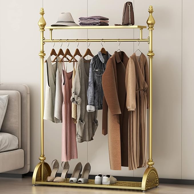Clothing Rack Gold, Industrial Clothes Rack for hanging Clothes with Double Shelves Freestanding Multi-functional Heavy Duty Garment Rack, Metal Movable Coat Rack for Organizing Clothes Shoes