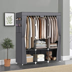 LOKEME Portable Closet, Wardrobe Closet with 3 Hanging Rods and 6 Storage Shelves and 4 Side Pockets, Gray Portable Closets for Hanging Clothes Easy to Assemble and Strong and Stable
