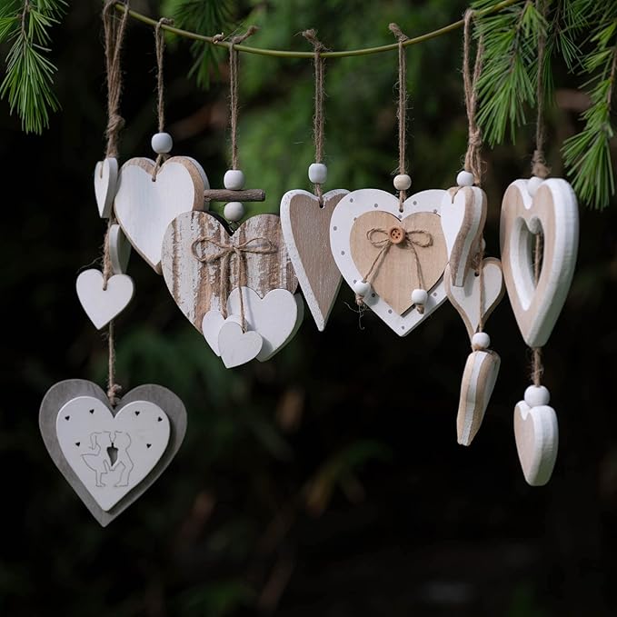Sun&Beam Heart-Shaped Wooden Decorative Hanging Handmade Hearts Ornaments for Wedding Party Valentine Christmas Home Decoration Car Décor (K-#5, 1Pcs)