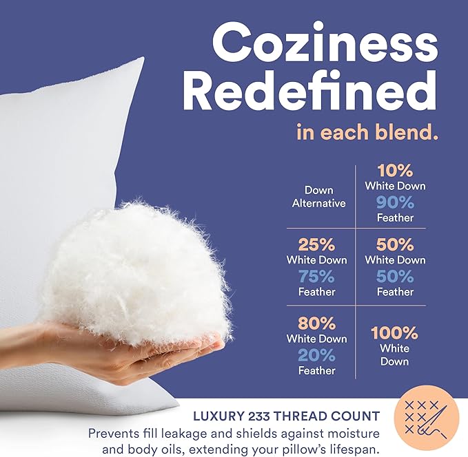 Continental Bedding Throw Pillow Inserts - 22x22, Set of 2, 80% White Goose Down & 20% Feather Fill - Soft Decorative Euro Pillows for Couch, Bed, Sofa & Living Room - Luxurious Comfort & Support
