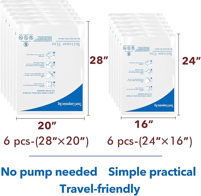 12 Pack Compression Bags for Travel | Vacuum Seal Storage Bags for Luggage & Dirty Clothes | Travel Packing Space Saver Bags for Suitcases & Home Organization | MEIQIHOME