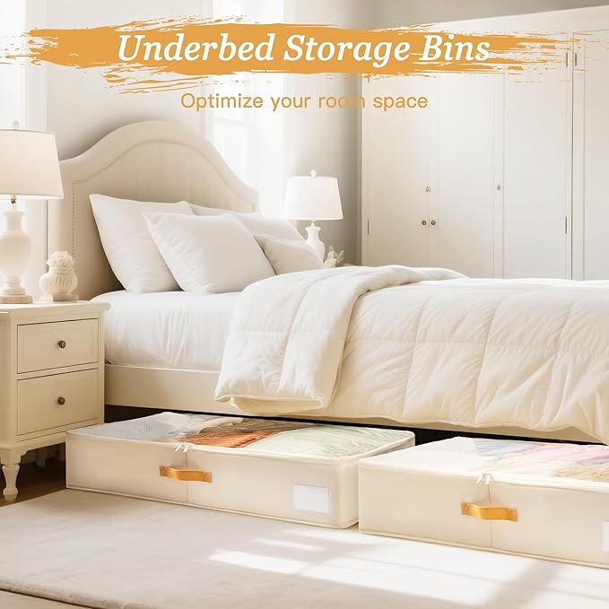 Criusia Under Bed Storage Bins with Clear PVC Lids – 2 Pack Large Underbed Organizers with Heavy-Duty Handles, Reinforced with 800G PP Panels & 80G Non-Woven Fabric – Waterproof & Foldable, Beige