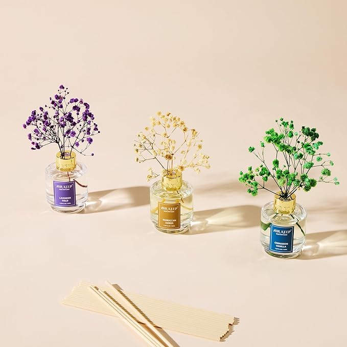 Airkeep Reed Diffuser Set of 3, Cinnamon Vanilla Lavender Field Moroccan Amber Oil Reed Diffusers for Bedroom Living Room Office Aromatherapy Oil Reed Diffuser for Gift 50ml x 3