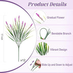 Artificial Flowers Faux Plants for Outdoor Decoration, 12 Bundles Fake Monkey Grass for Home Garden Front Porch Balcony, Lavender Flowers Shrubs UV Resistant No Fade Greenery Bush Planter (Lotus)