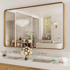 LOAAO 60X28 Inch Bathroom Mirror with Wood Grain Colored Metal Frame, Rounded Rectangle Metal Framed Bathroom Mirror, Anti-Rust, Hangs Horizontally or Vertically, Tempered Glass