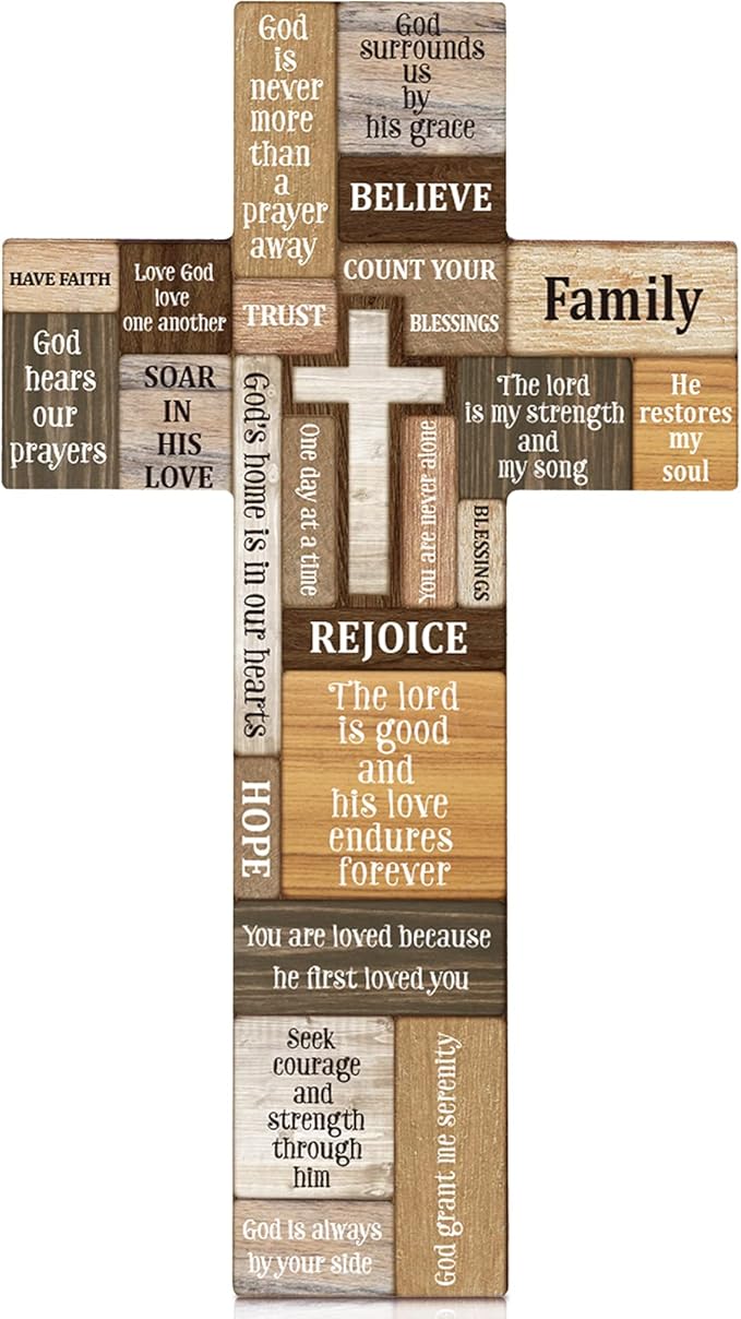 Jetec Cross Wall Decor Christian Wooden Cross Easter Religious Faith Biblical Verse Wall or Table Sign for Easter First Communion Gift Farmhouse Home Hanging Decoration(10.6 x 6.1 Inch)