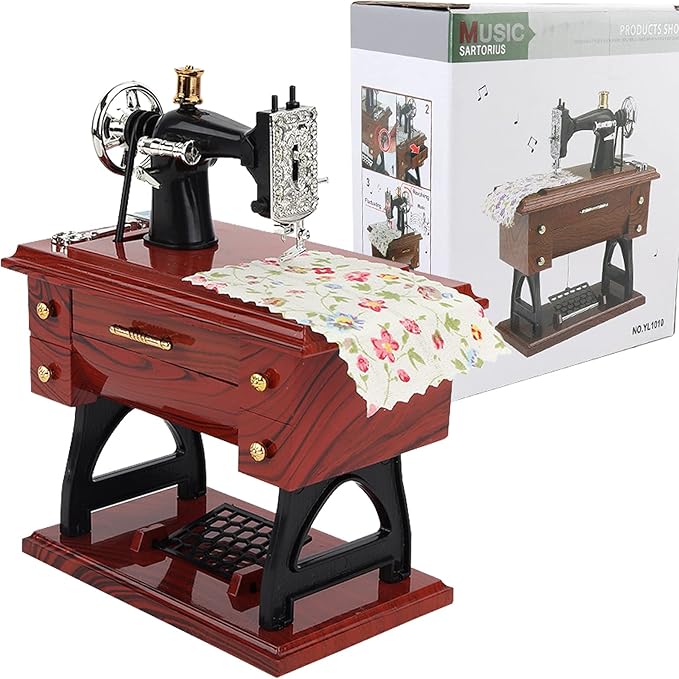 Vintage Mini Sewing Machine Music Box, European Retro Classical Treadle Sewing Machine Table Desk Mechanical Clockwork Music Box for Home Decor Birthday Gift