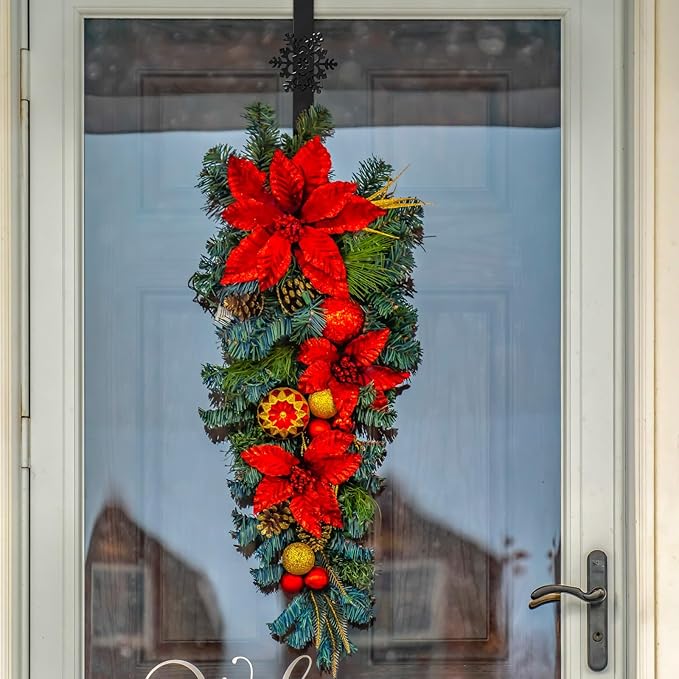Wreath Hangers for Front Door,15" Sturdy Metal Wreath Doors Hangers,Over The Door Hooks for Front Porch Decor,Garland Hooks Holders for Halloween Christmas Decorations (Black Snowflakes, 2 Pack)
