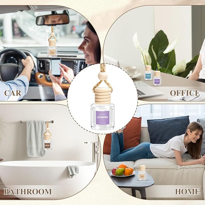 AROIC 4 Pack Car Air Freshener Hanging, Wooden Lid Essential Oil Air Freshener Hanging Car Diffuser, Natural Slow-Release Aroma for Auto Interior, Long-Lasting Fragrance Alternative to Spray Perfumes