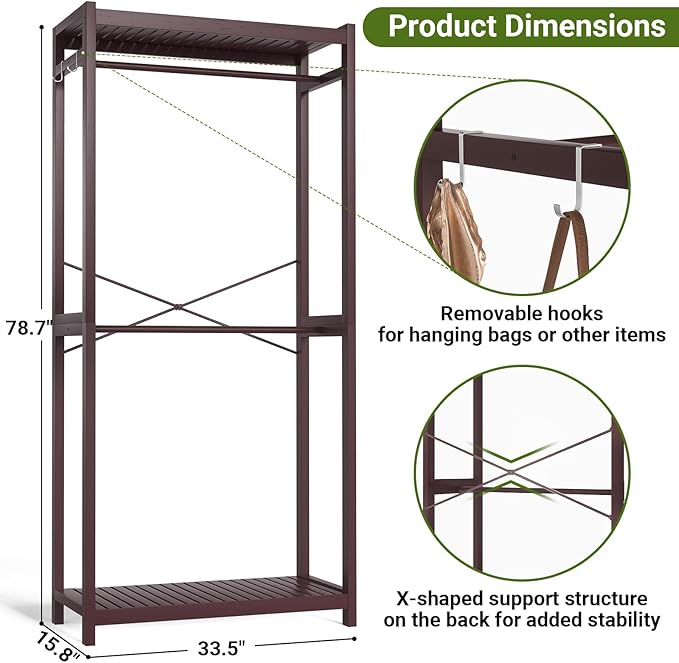 Homykic Bamboo Clothes Rack with Shelves and Double Hang Rods, Portable Closet System Garment Rack for Hanging Clothes, Tall Clothing Rack Corner Closet Organizer, Easy to Built, Espresso