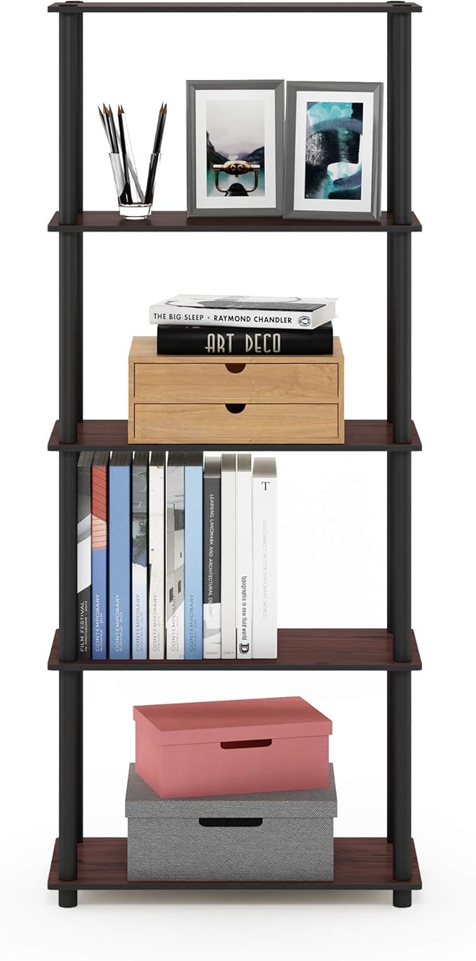 Furinno TURN-N-TUBE Storage Shelves, 5-Tier Book Shelf, Corner Shelf, Toolless Open Shelves, for Organization and Storage, Living Room, Garage, Home Office, Dark Cherry
