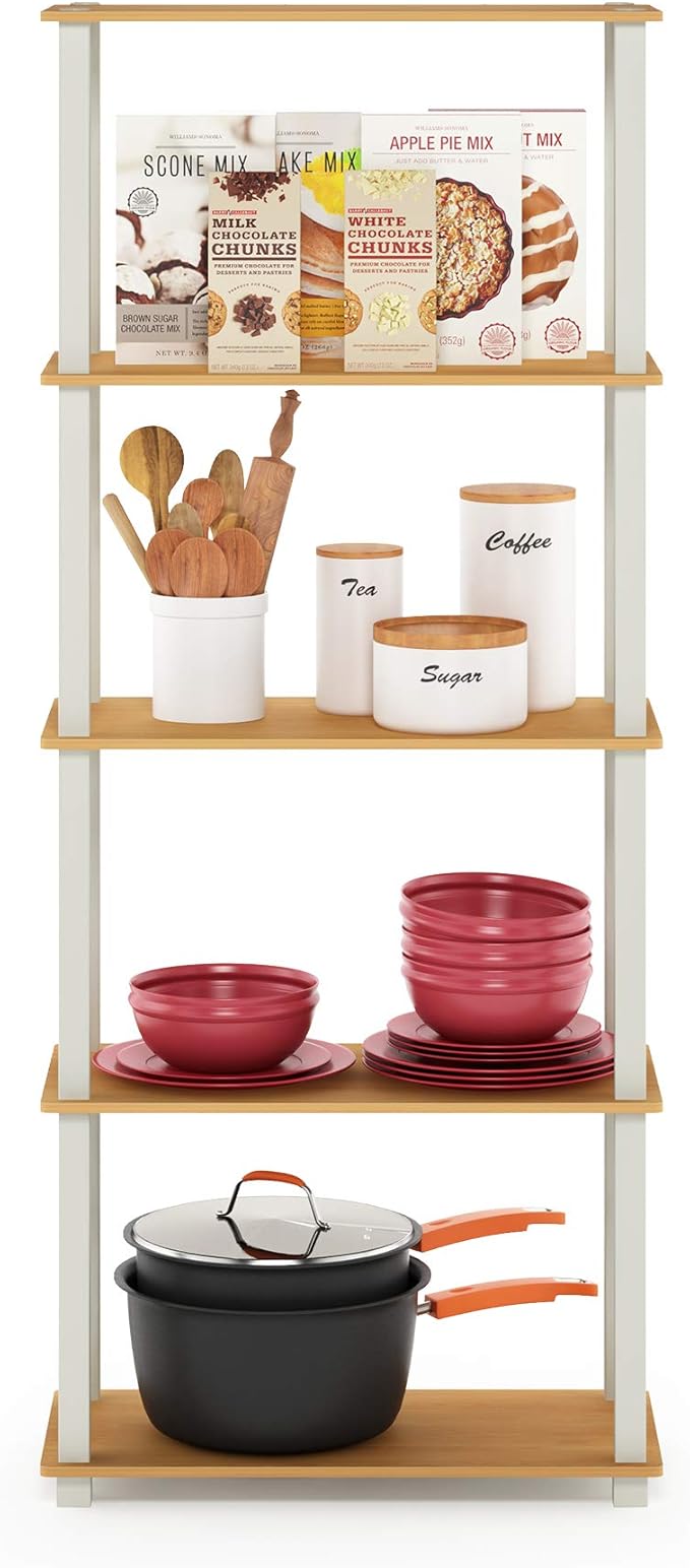 Furinno Turn-N-Tube 5-Tier Multipurpose Shelf / Display Rack / Storage Shelf / Bookshelf, Square Tubes, Beech/White