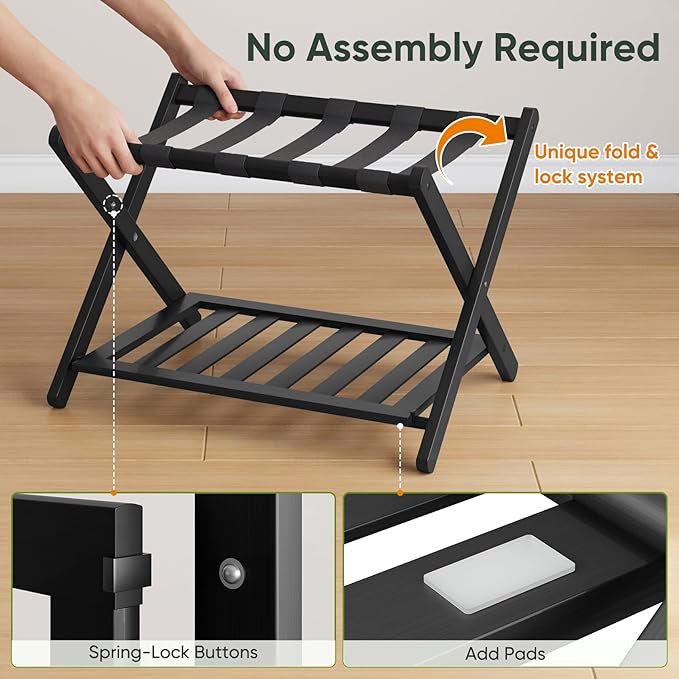 Fully Assembled Black Luggage Rack, Suitcase Stand with Shoe Shelf, Folding Wooden Luggage Stand for Guest Room, Bedroom, Hotel