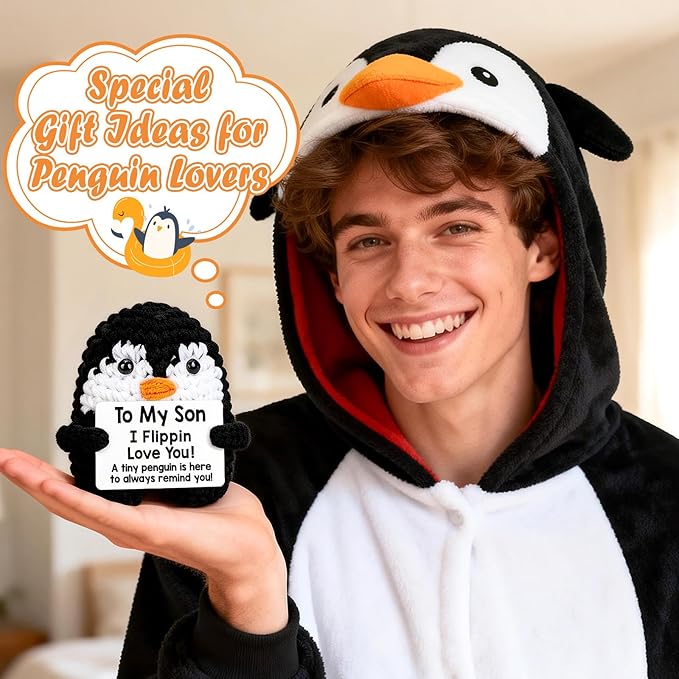 Belatelove Son Gifts from Mom Dad, Handmade Crochet Mini Penguin Mother Day Birthday Gift for Son Teen Bonus Step, to My Son Gifts for Birthday, Funny I Love You Fathers Day Easter Decor