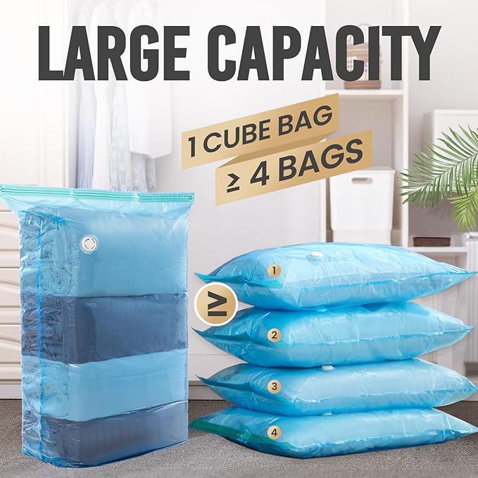 TAILI 8 Pack Vacuum Storage Bags, Jumbo Cube (31x40x15 Inch), Extra Large Vacuum Seal Bags for Clothing, Comforters, Blankets, Bedding, Sweater, Space Saver, Closet Organizers, Blue