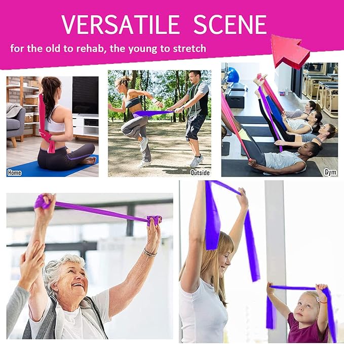 Therapy Flat Resistance Bands Set, Latex Free Flat Elastic Exercise Stretch Bands for Stretching, Flexibility, Pilates, Yoga, Ballet, Gymnastics, Rehab, Workout, Pink, Purple, Blue (3 Pack, 5 FT long)