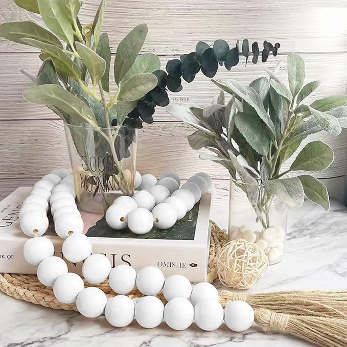 OMISHE 76" Long Extra Large Wood Bead Garland with 1.6" Diameter Wooden Beads and Tassels, Rustic Farmhouse Country Decorative Beads for Home Tiered Tray Decor, White