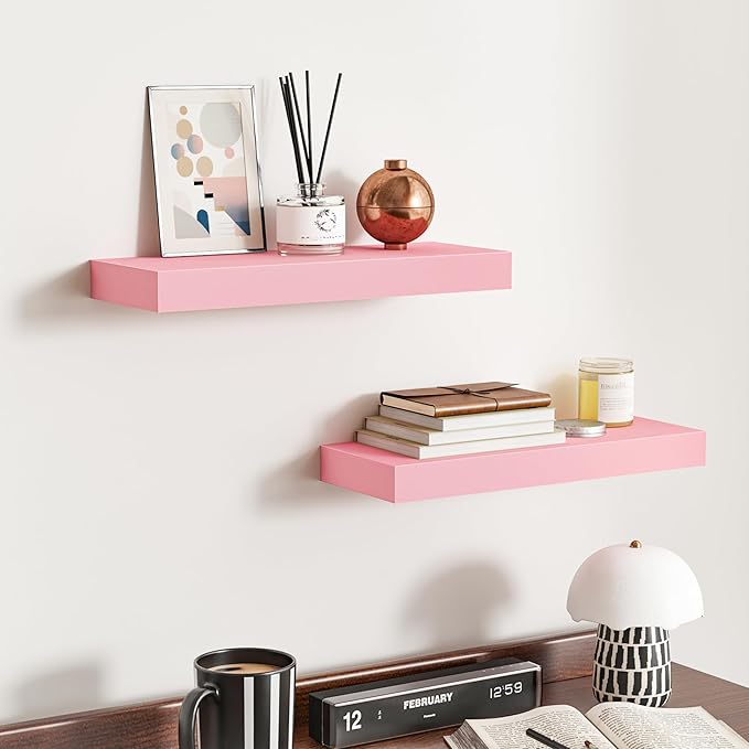 BAMEOS Pink Floating Shelves for Wall, 16" x 6" Wall Shelves for Room, Floating Book Shelves, Hanging Shelves for Bedroom, Bedroom, Living Room, Kitchen (Set of 2)