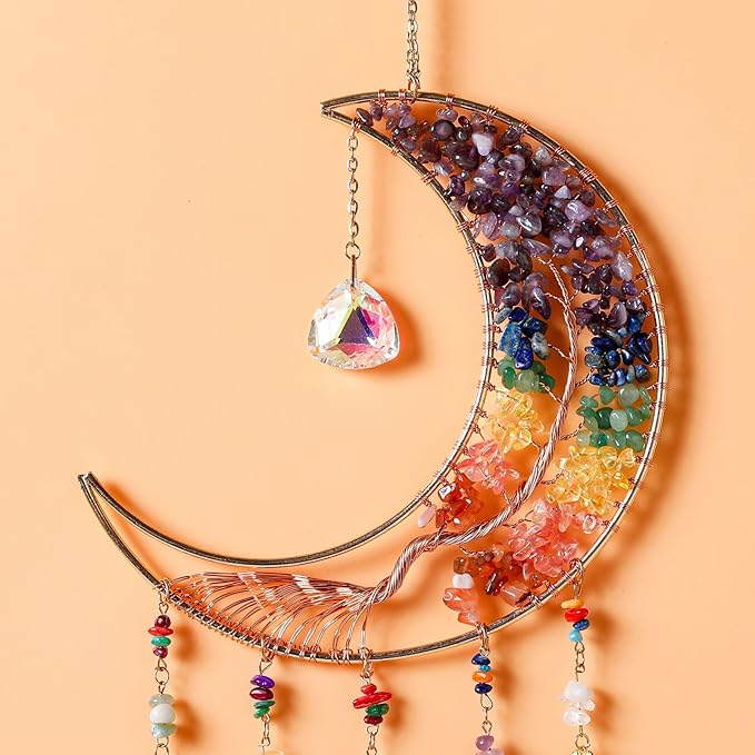Agate Gemstone Dream Catcher 7 Chakra Tree of Life Dream Catcher with Rainbow Crystal Stones Handmade Dreamcatcher Wall Decor for Adults Boys Girls,Bedroom,Wedding,Garden,Bless Gift(Rainbow Moon)