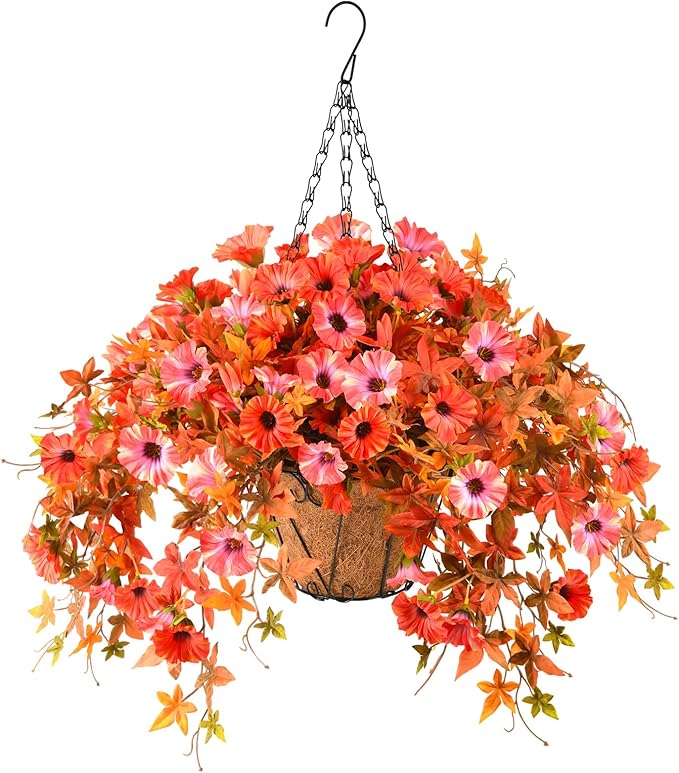 Artificial Flowers Hanging Basket Plants, Fake Petunias Fall Flower for Outdoor Decoration,Realistc Faux Silk Flower UV Resistant for Porch Patio Yard Garden Home Balcony (Double Orange)
