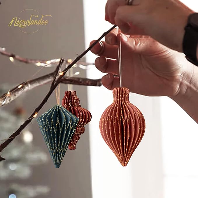 NICROLANDEE Christmas Decorations, 6 PCS Christmas Paper Honeycomb Ornaments with Glitter Edge, Mini Hanging Paper Lanterns for Christmas Tree Decoration Xmas Holiday Party New Year Decor