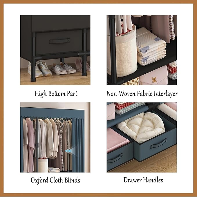 Portable Closet,Garment Rack,Heavy Duty Clothes Rack with Cover,Wardrobe Closet with 2 Hanging Rods, 6 Storage Shelves,43.3" L x 17.7" W x 67.7" H,Pale Yellow