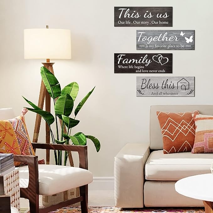 Joyhawk 4 Pieces Home Wall Decor Signs, THIS IS US/TOGETHER/BLESS THIS HOME/FAMILY Wall Decor For Living Room Bedroom, Rustic Wooden Farmhouse Wall Art Decor, 4.7 x 13.8 Inch(Mixed Color)