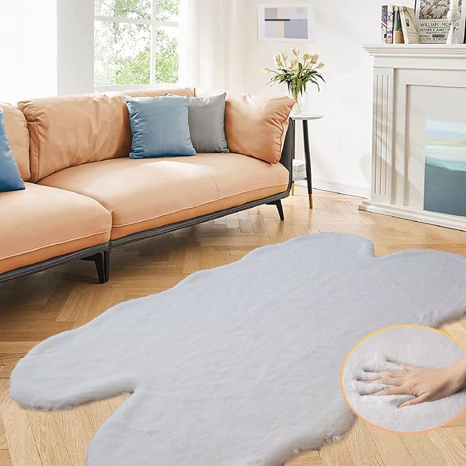 Grey Faux Rabbit Washable Furry Fur Area Rugs for Living Room Bedroom Gray Fluffy Sheepskin Rug Nursery Decor 4x6 Area Rug