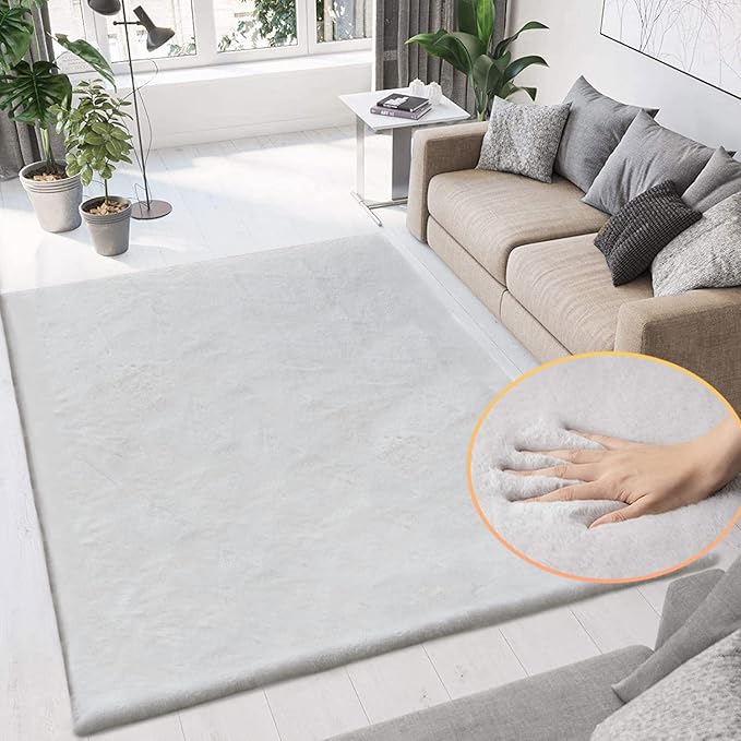 Washable Area Rugs 5x8 Rugs for Living Room Silver Grey Faux Rabbit Fur Rug for Bedroom Faux Sheepskin Rug Teen Room Home Décor