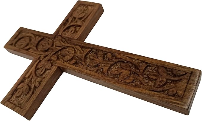 IBLAY Hand Carved Wooden Wall Cross – Rustic Christian Cross Wall Decor, Handmade Floral Carving Crucifix for Home, Living Room, Bedroom, Church & Prayer Room, Religious Gift (9 X 6 Inch)