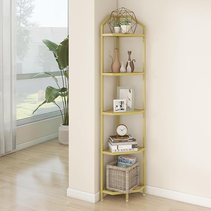 5-Tier Corner Shelf Stand, Gold Corner Bookshelf, Bathroom Storage Rack Shelf, Plant Rack, Tempered Glass, Steel Frame, Modern Style for Living Room, Bathroom, Kitchen, Metallic Gold