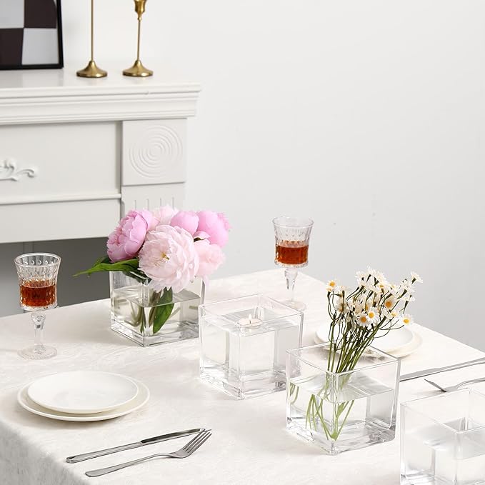 Square Clear Glass Vases Set of 6, 5" x 5" x 5" Flower Vases for Centerpieces, Square Vase for Centerpieces, Small Vase for Wedding, Party, Home Office Decoration