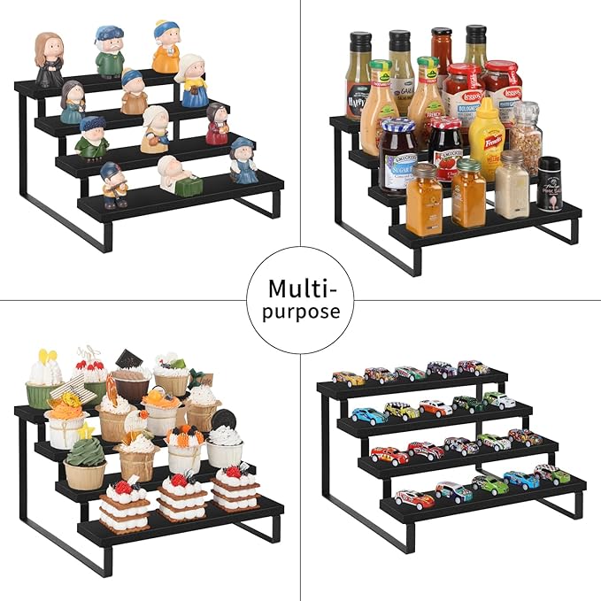 YINMIT Wooden Display Riser Stand, Tiered Perfume and Cologne Organizer Stand, 4 Tier Spice Rack Organizer, Rustic Display Shelf for Candles (4 Tier,2Pack,Black)