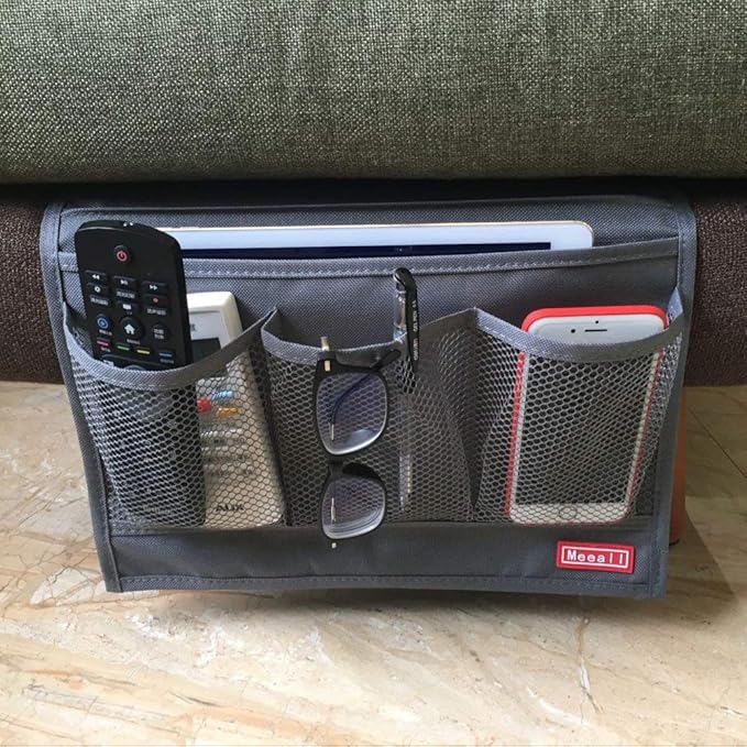 Bedside Storage Organizer with Pockets, Bedside Caddy, Table Cabinet Storage Organizer, TV Remote Control, Phones, Magazines, Tablets, Accessories, Grey