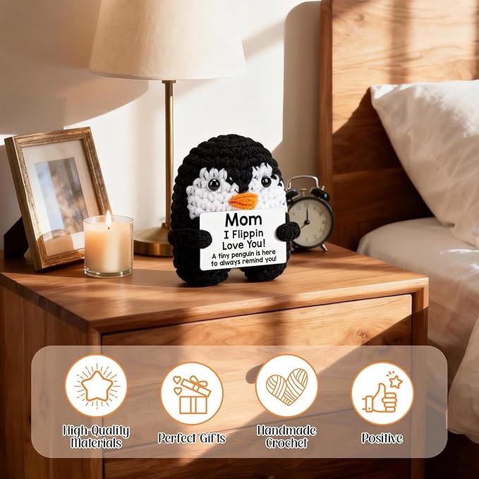 Belatelove Birthday Gifts for Mom from Daughter Son, Handmade Crochet Mini Penguin Mother's Day for Mama Mother in Law Bonus Step Mom, Funny I Love You Gift for Moms Small Easter Decor