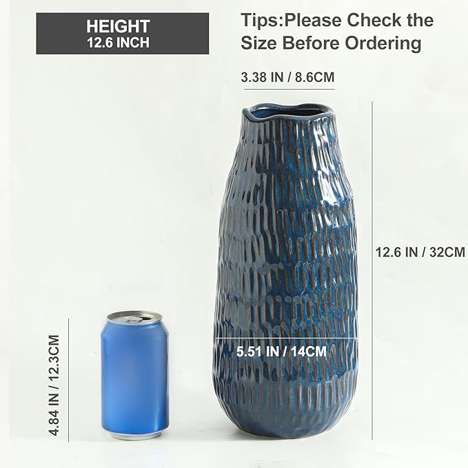 Blue Ceramic Vase for Home Decor, 12.6 Inch Tall Flower Vase with Modern Textured Finish,Decorative Floor Vase for Pampas Grass, Entryway, Living Room, Dining Table, Farmhouse or Office