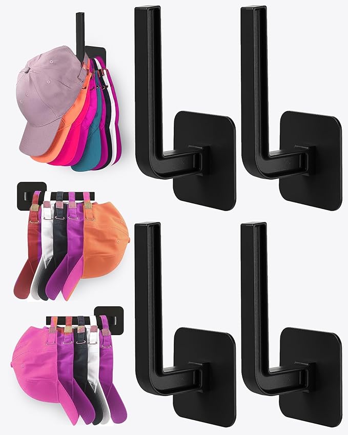 Hat Rack for Hat Storage (4-Pack), Multi-Purpose Hat Organizer, Strong Adhesive Hat Hooks for Wall Organizer for Baseball Caps, Two Mounting Options Hook, Black