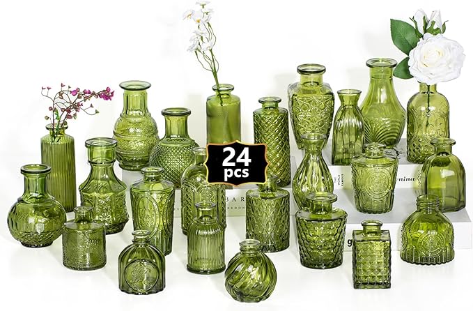 24PCS Mini Bud Vases As Wedding Centerpieces for Tables,Clear Bud Vases for Flowers,Small Flower Vases Suitable for Birthday Party,Anniversary,Wedding Reception,Baby Shower (Green, 24PCS)