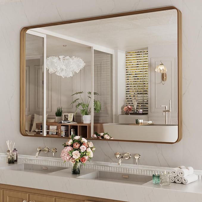 LOAAO 55X30 Inch Bathroom Mirror with Wood Grain Colored Metal Frame, Rounded Rectangle Metal Framed Bathroom Mirror, Anti-Rust, Hangs Horizontally or Vertically, Tempered Glass