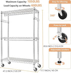 Heavy Duty Rolling Garment Rack 3 Tiers Adjustable Wire Shelving Clothes Rack with 2 Rods and Side Hooks, Storage Closet Clothing Rack with Wheels Chrome 17.7" D x 47.2" W x 83.6" H