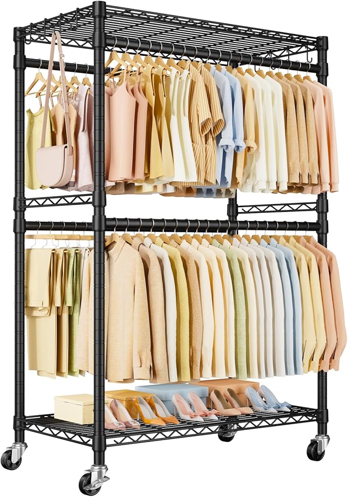 P4 Plus Rolling Clothes Rack Heavy Duty, Clothing Racks for Hanging Clothes, Free Standing Garment Racks with Wheels, Portable Closet Rack 45''W × 20.5''D × 80.5''H, Max Load 570 Lbs, Black