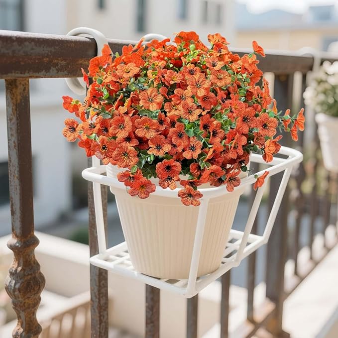 Artificial Flowers for Outdoor UV Resistant Fake Plants, 12 Bundles Fake Mums Silk Daisy in Pots for Porch Patio Garden, Faux Potted Home Decor for Outside (Orange)